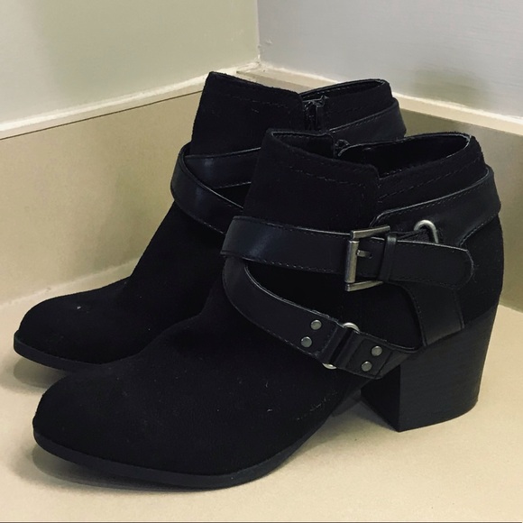 Black Suede Booties with Silver Buckles - Picture 1 of 4